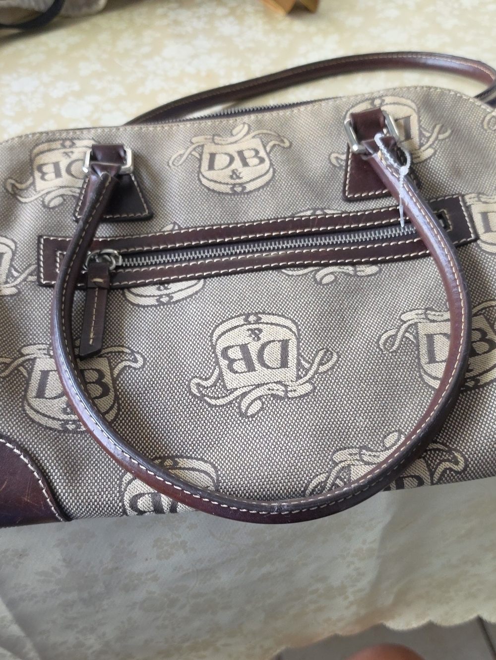 DB Patterned Canvas Satchel with Brown Leather Trim